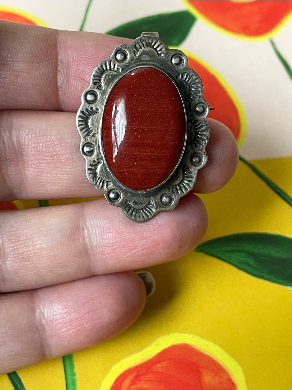 Vintage Southwestern style stamped 925 sterling silver & red stone pin/brooch
